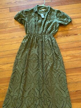 Cloth & Portrait Olive Eyelet Collared Midi Dress NWT Large